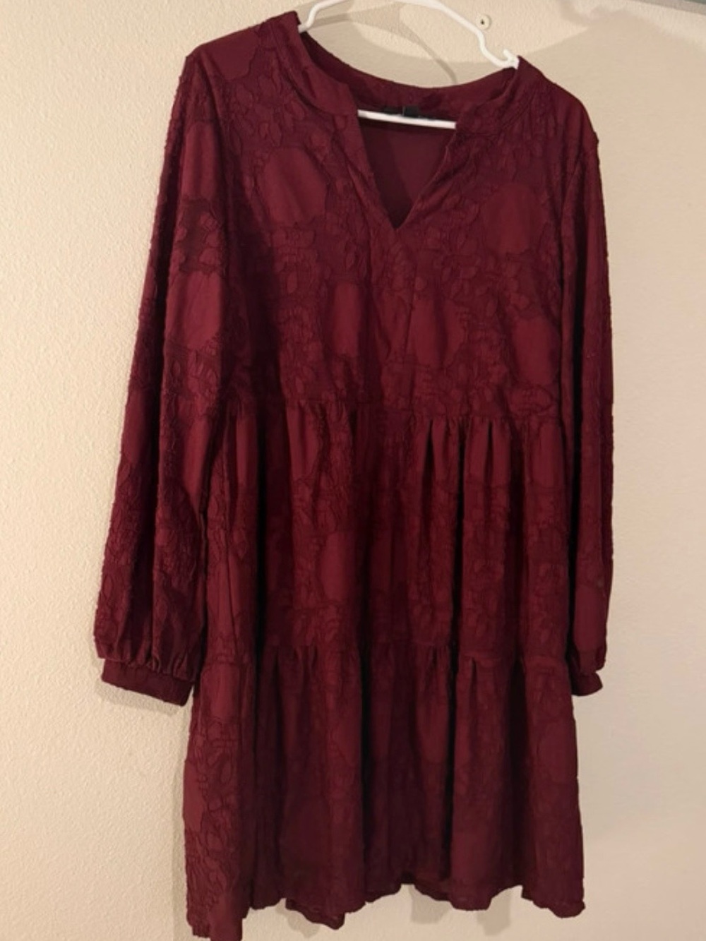 Ronni Nicole Burgundy Lace Tiered Long Sleeve Dress